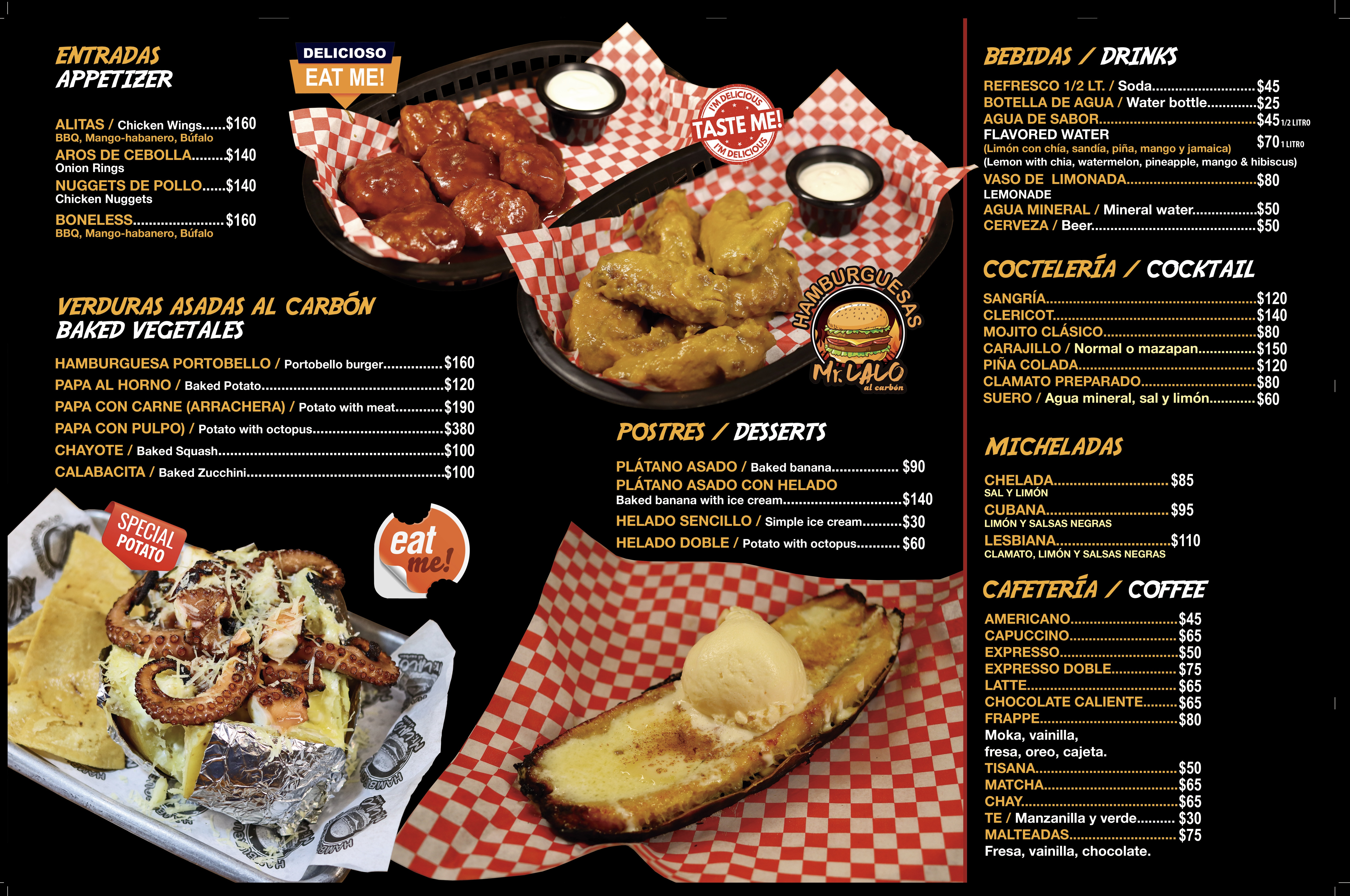 Menú de entradas, verduras, bebidas, coctelería, micheladas, café y postres de Mr. Lalo